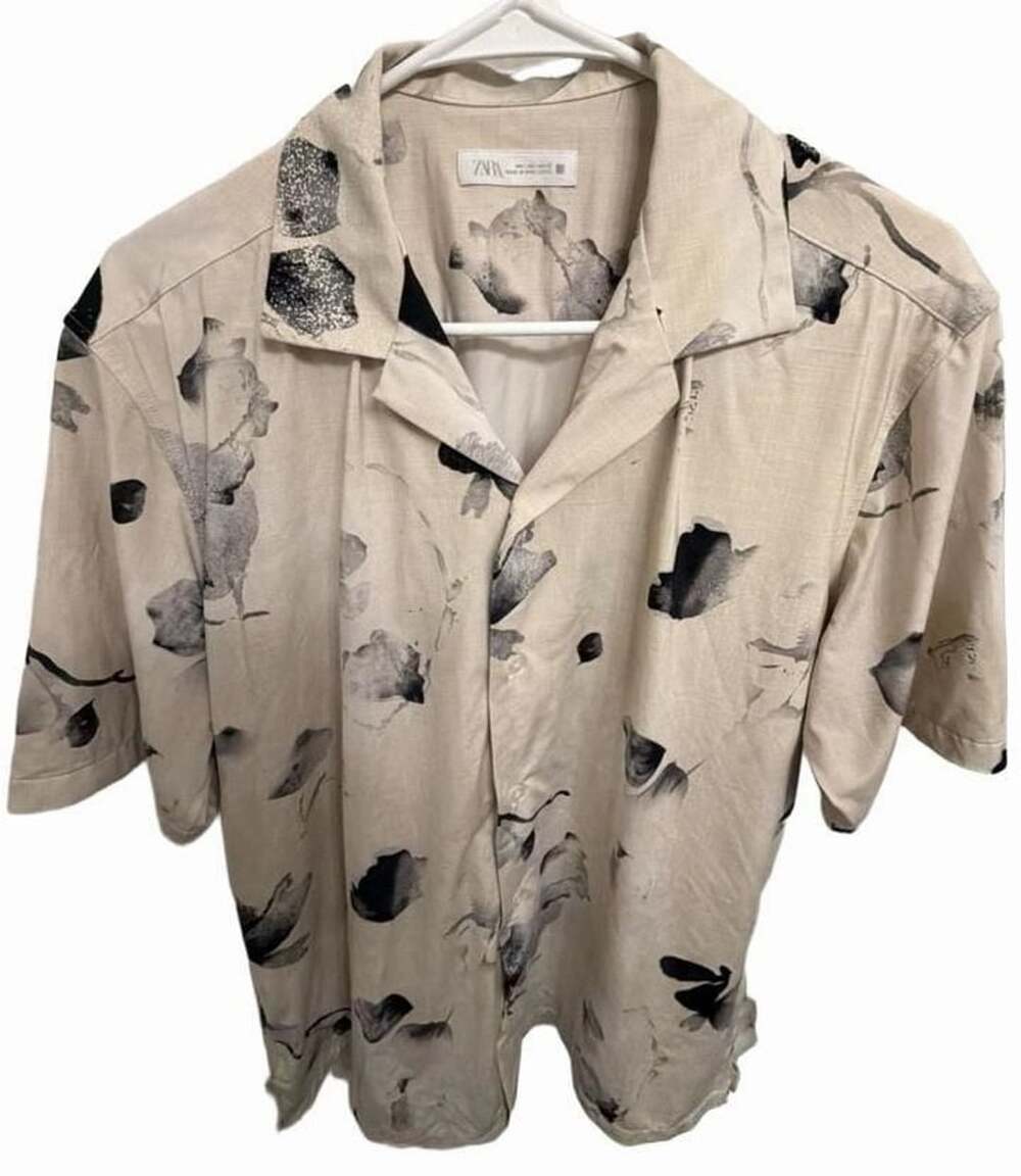Zara Abstract Men’s Large Floral Camp Collar Shirt Cream Black Short Sleeve